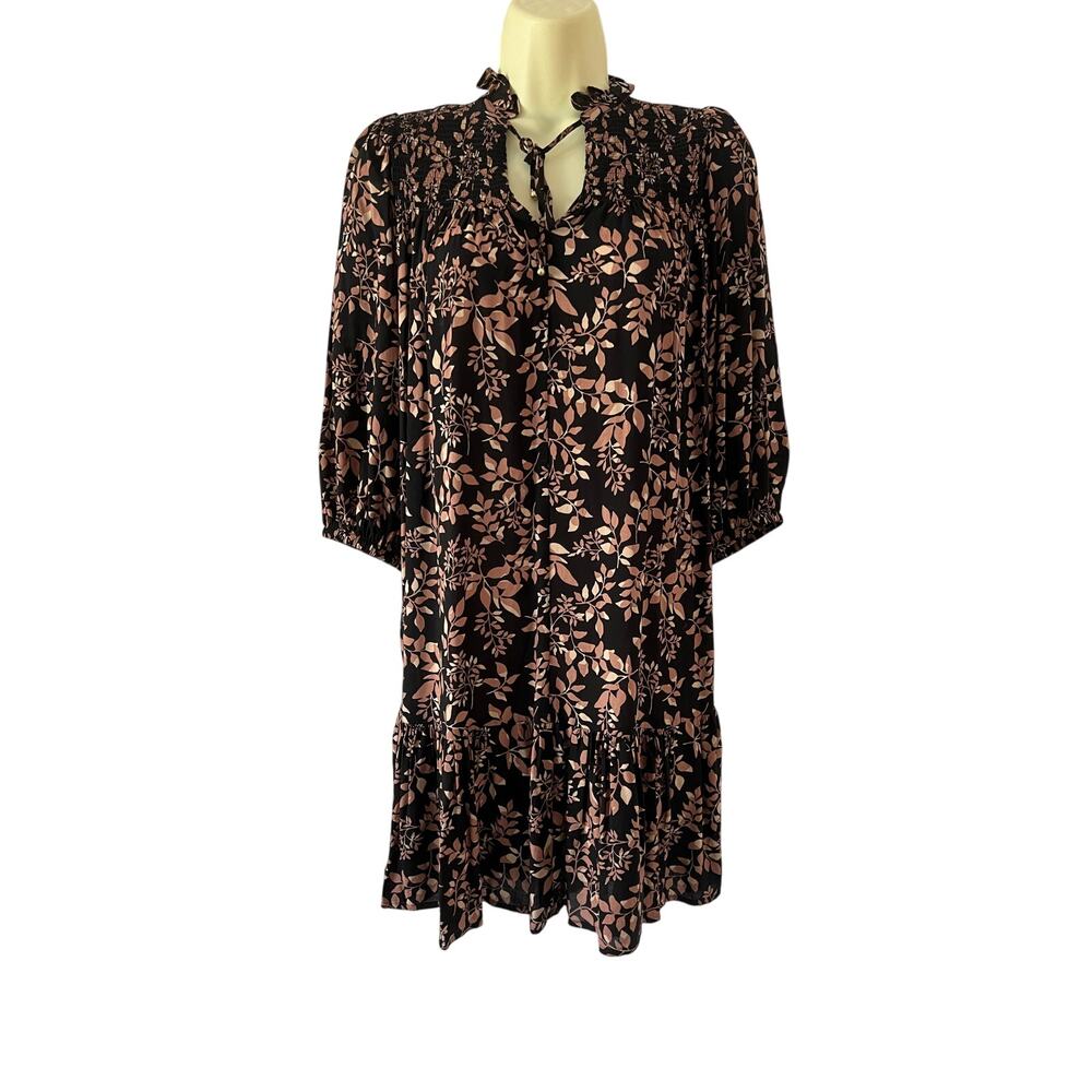 Calvin Klein- Black Print Boho Dress Size Small Smocked Tiered Grannycore Retro